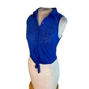 Iris Basic Tie Front Burnout Top Shirt Blue S Small